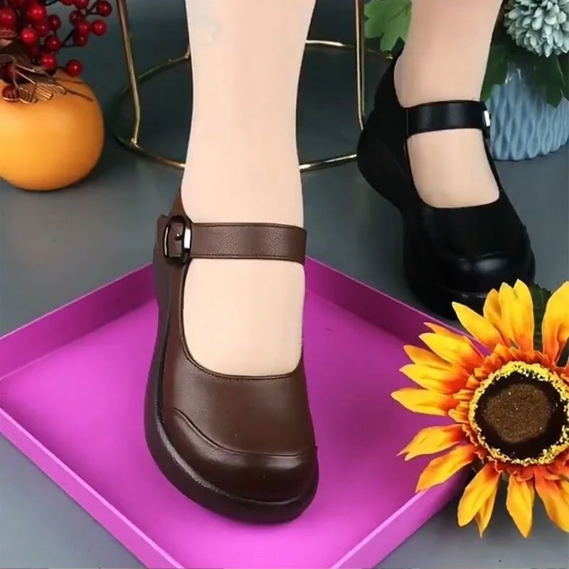 品牌断码2025年春夏新款复古休闲皮鞋松糕厚底女鞋浅口单鞋妈妈鞋