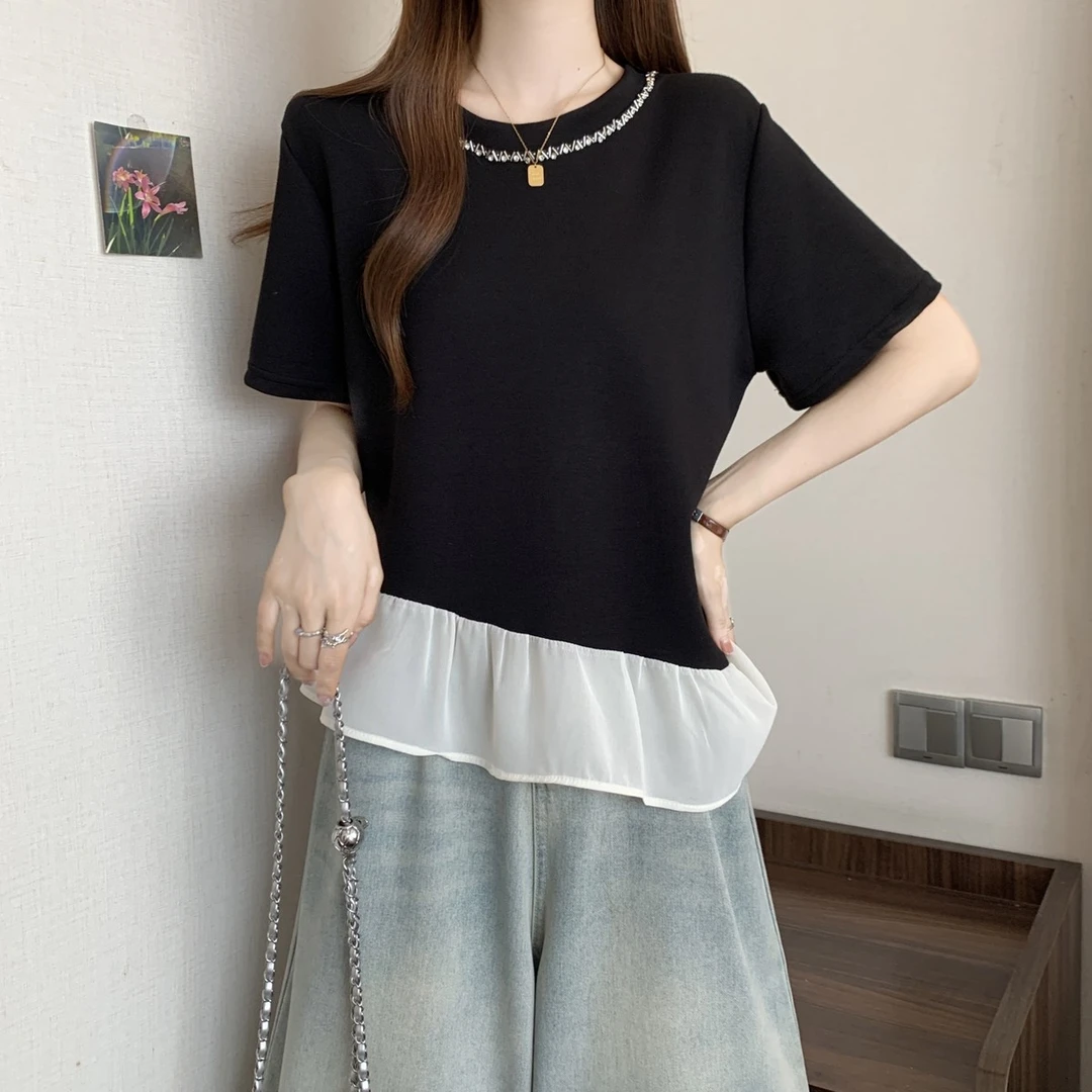 大码法式正荷叶边上衣短袖恤女夏季胖宽松显瘦设计感不规则肩