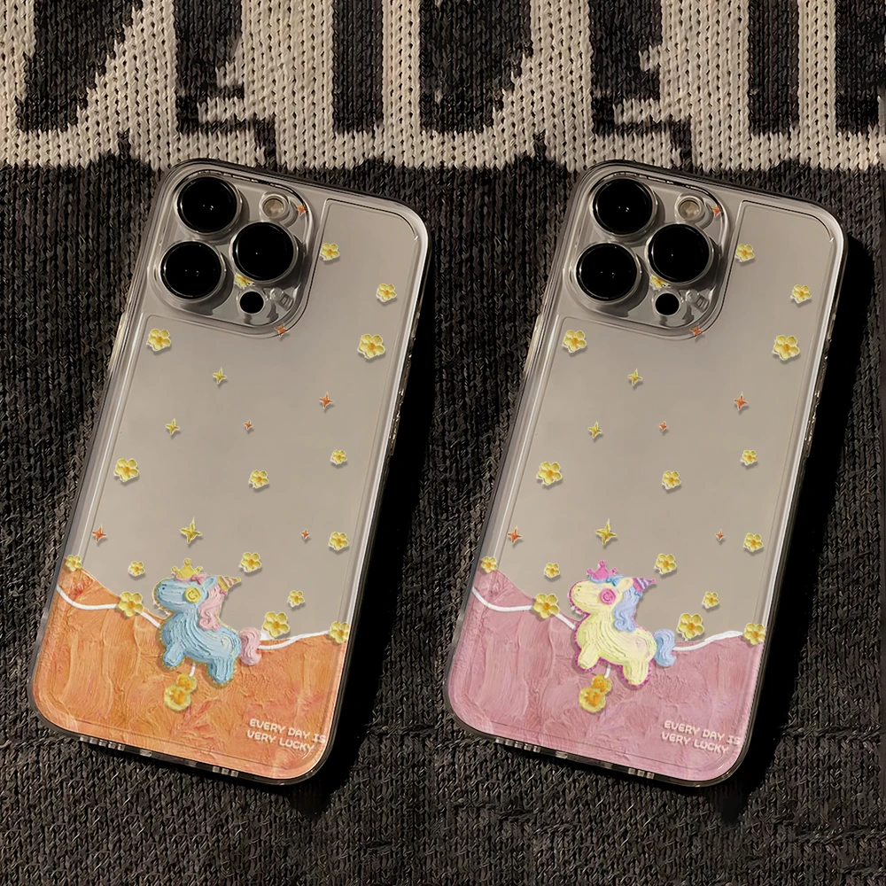 油画彩色小马适用苹果17promax手机壳16小米华为14防摔可爱