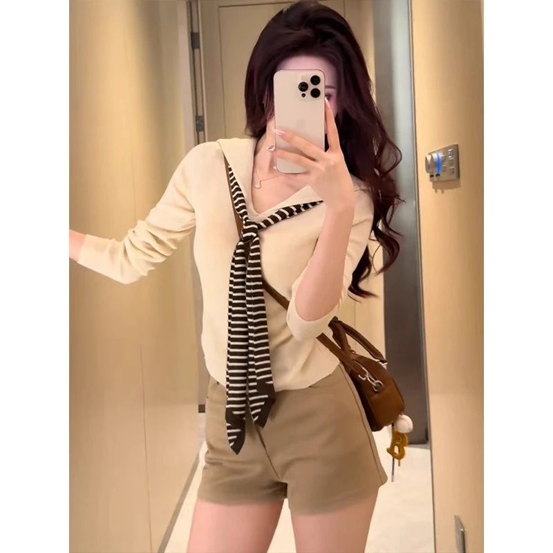海军领条纹披肩假两件针织衫女早秋季新款学院风简约显瘦打底上衣