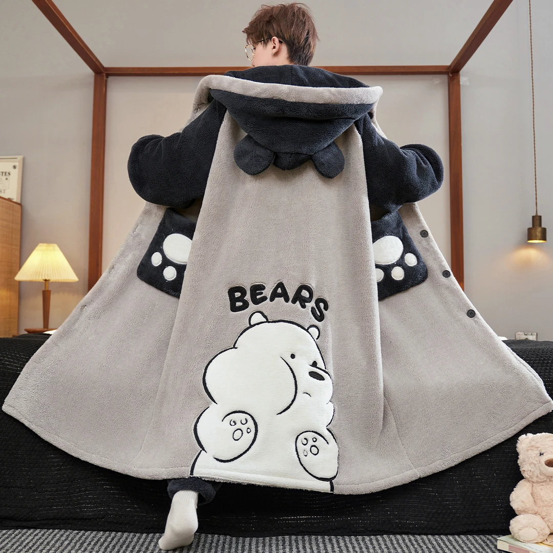 2025新款秋冬款卡通大白熊珊瑚绒男士睡袍加绒加厚青年两件套家居