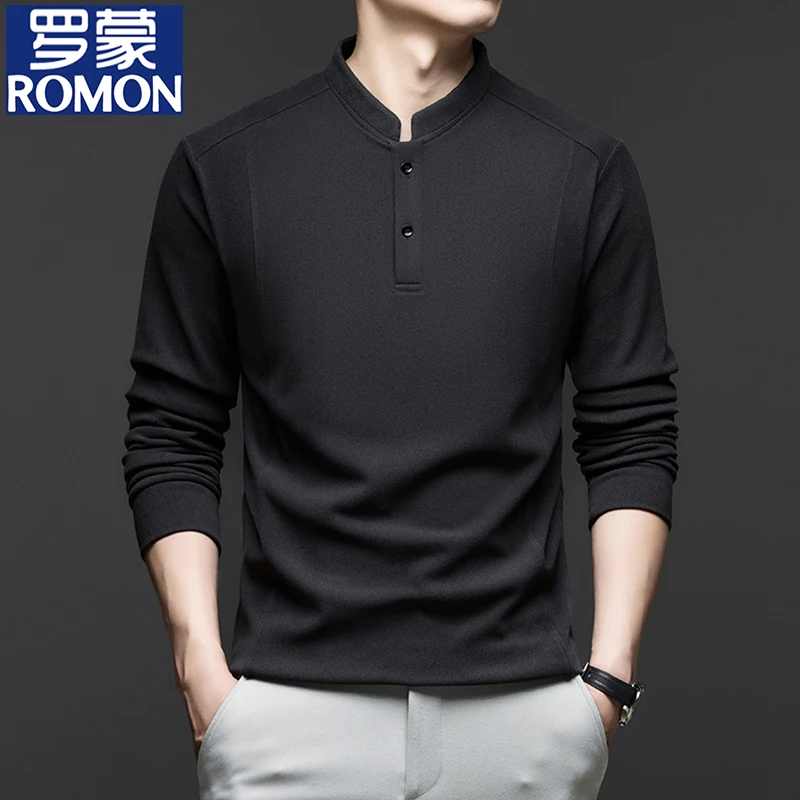 罗蒙秋冬季双面绒长袖T恤男立领纯色德绒休闲卫衣潮流男士打底衫