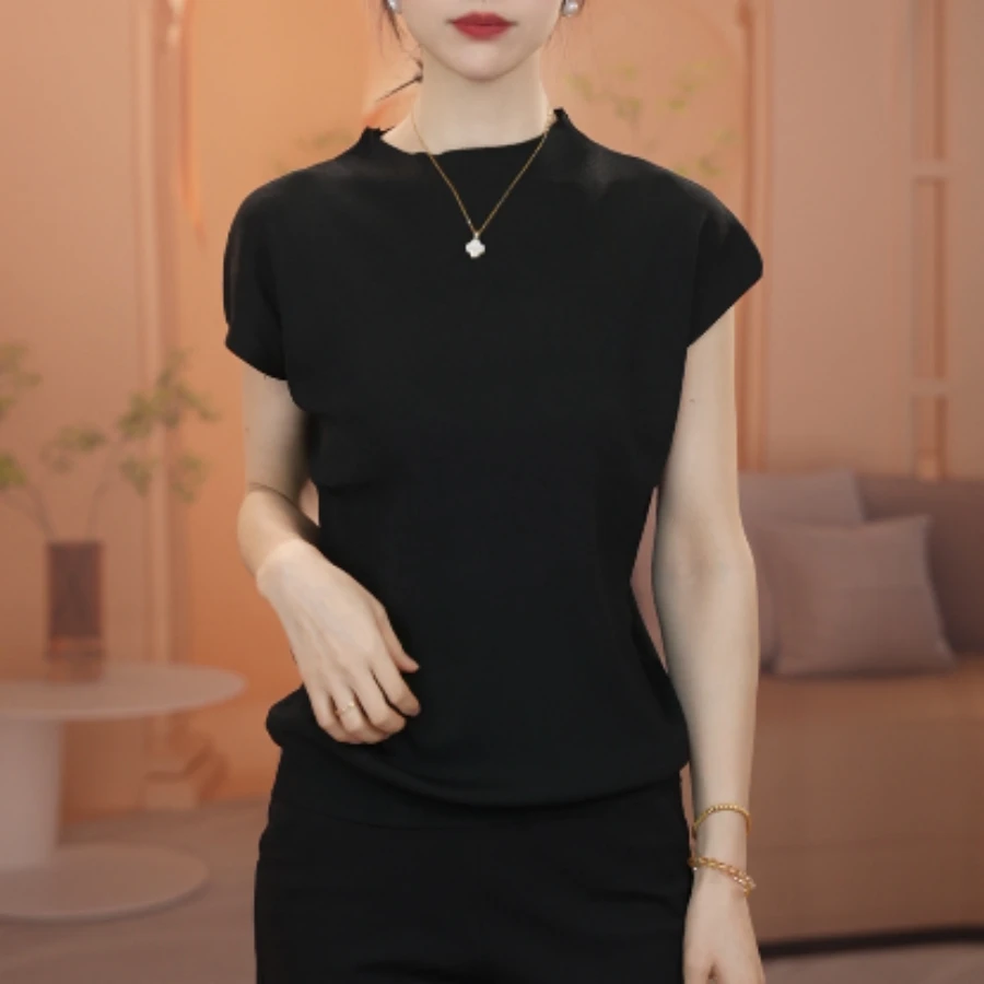 黑色冰丝针织短袖T恤女夏季薄款气质百搭体恤显瘦时尚半高领上衣