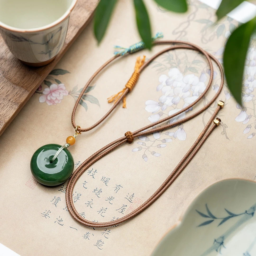 和田玉碧玉平安扣吊坠脖挂s925银镀金活扣可调节