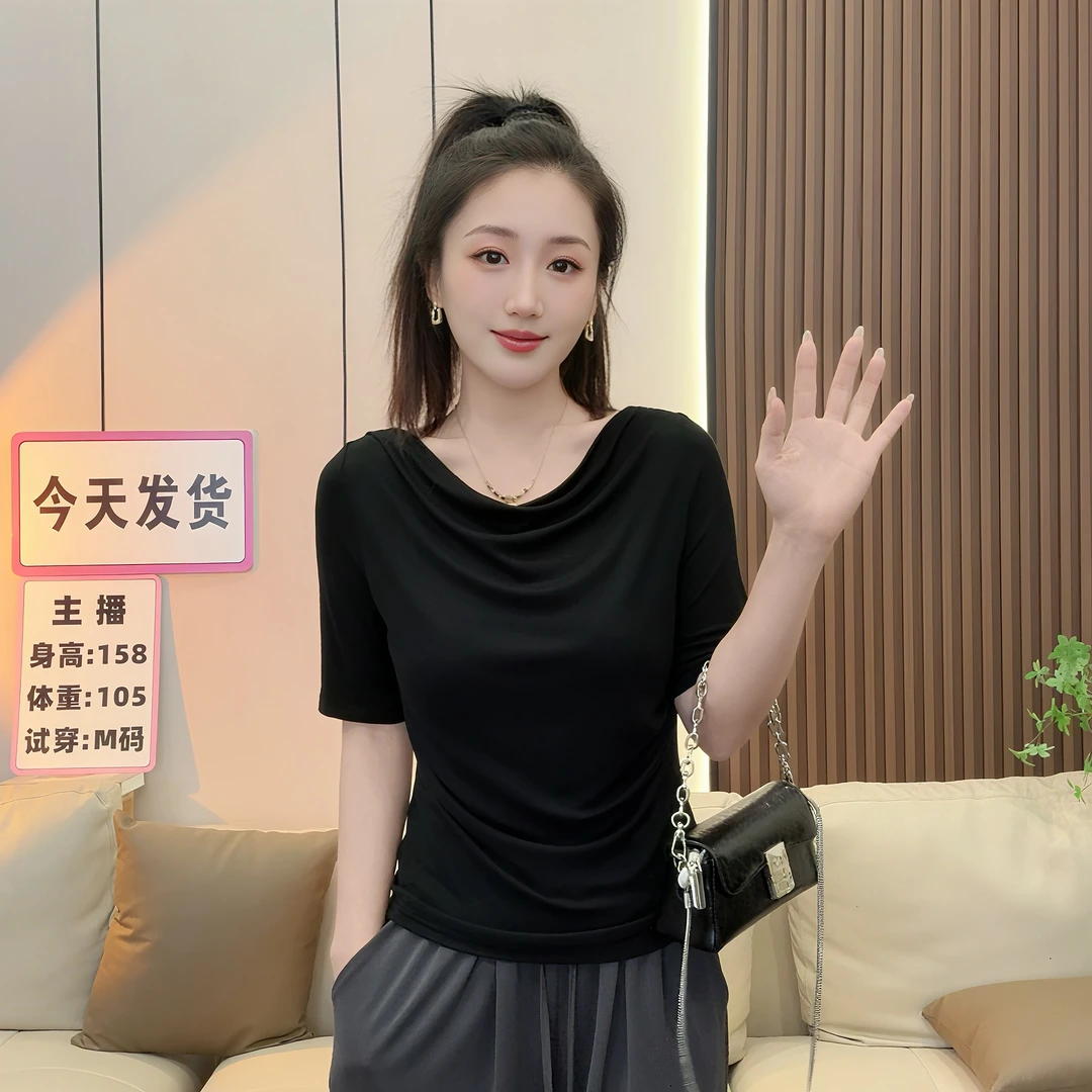 2024新款黑色打底衫女中袖露肩一字肩设计感显瘦短袖夏季上衣0030