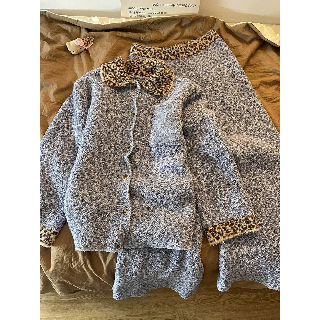 韩系甜美豹纹半边绒睡衣女冬季针织开衫保暖加厚可外穿家居服套装