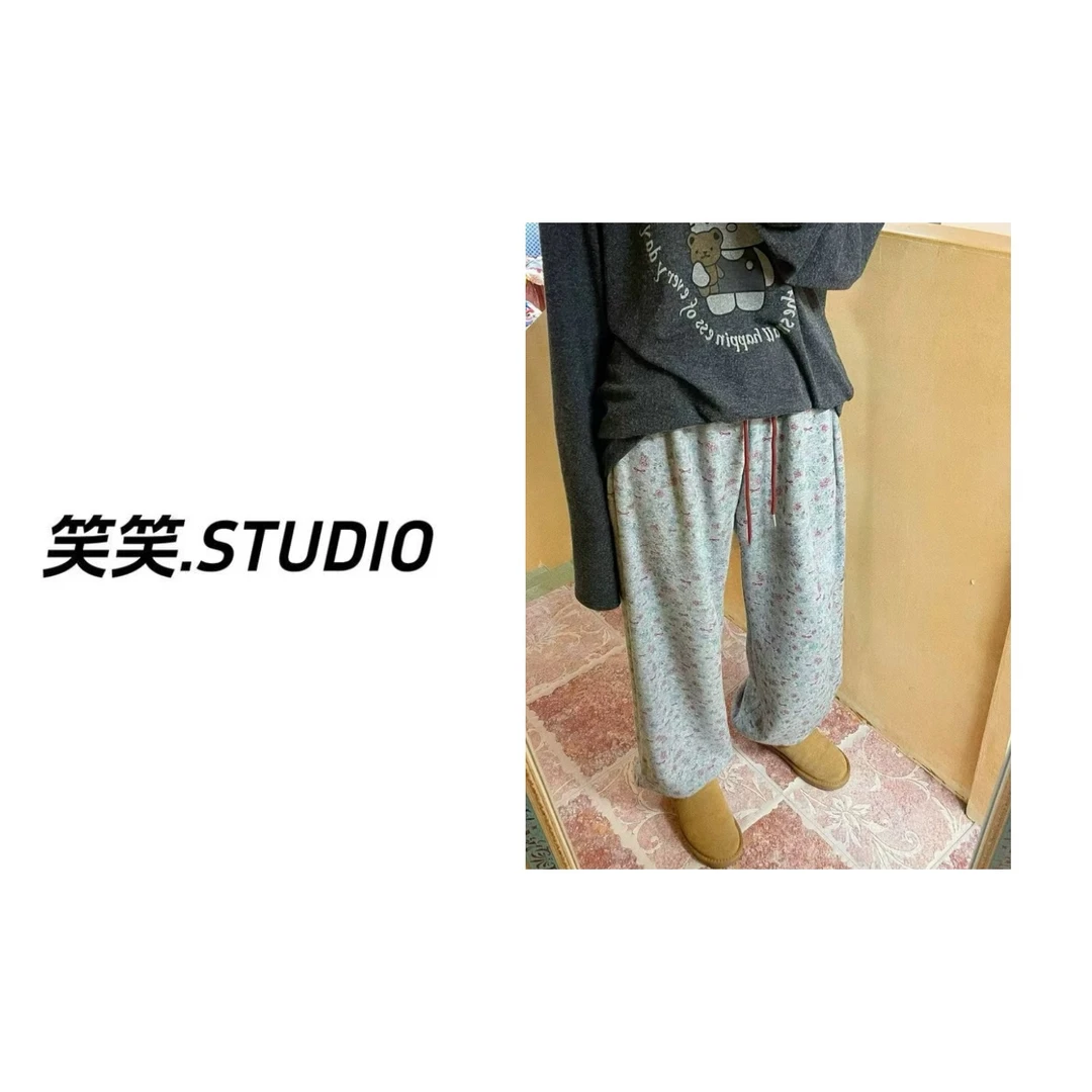 笑笑-【毛巾绒碎花卫裤】韩系满印小碎花一体绒束脚裤宽松百搭保暖