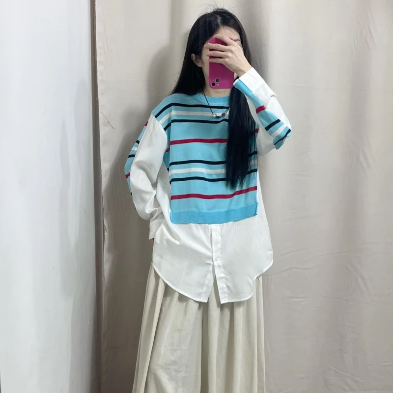 直播链接    春秋长袖条纹拼接针织假两件上衣