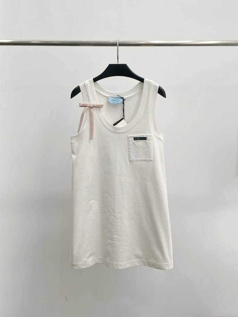 全新未使用 Prada/普拉达 sm12147037 白色无袖蝴蝶结连衣裙 38码