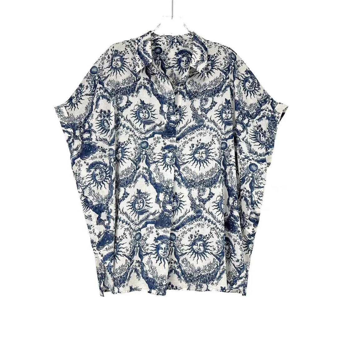 大码时尚个性复古棉布印花碎花宽松休闲蝙蝠袖套头衬衫上衣8161