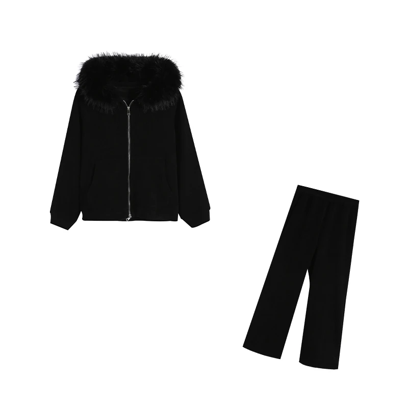 五季家大码显瘦内里加绒感黑色/咖色上衣+加绒长裤两件套ZL114100