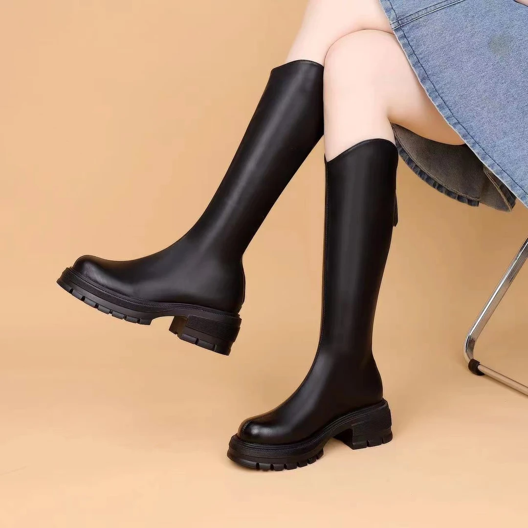 时装靴大码皮靴骑士过膝长筒英伦风加绒秋季高筒厚底长靴百搭中筒