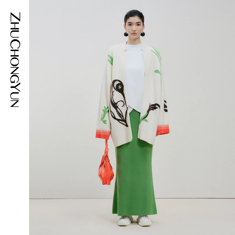 【达人专享】ZHUCHONGYUN春新款斜门襟撞色毛针织外套