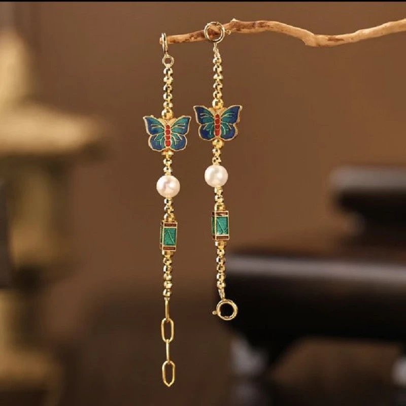 复古烧蓝蝴蝶延长链四方柱万能链项链手链古风新中式加长尾高颜值