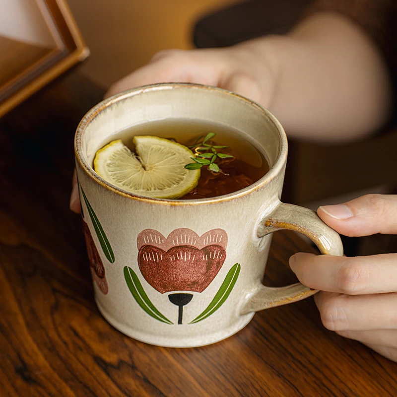 漂亮喝水杯子复古花卉马克杯办公室咖啡杯陶瓷杯女士茶杯大容量