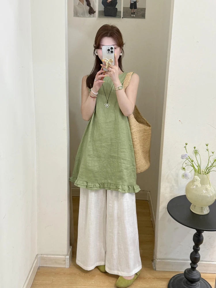 夏日漂亮小个子穿搭一整套绿色无袖花边衬衫套装裤女2025新款夏季