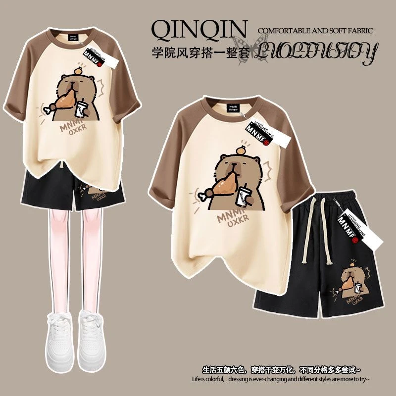 卡皮巴拉印花短袖t恤短裤套装男女童中大童休闲韩版可爱上衣服ins