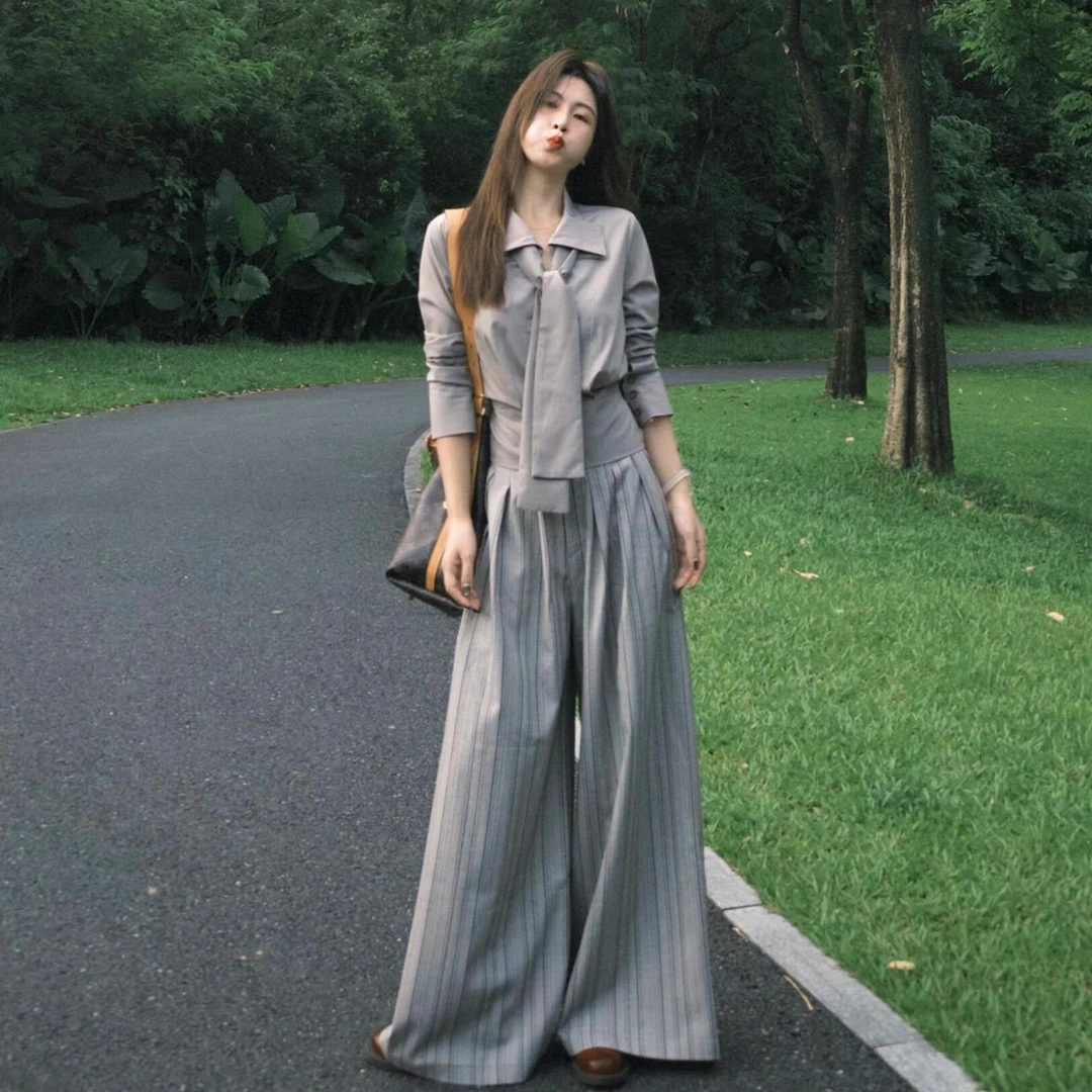 2025新款法式慵懒松弛感时尚套装女早秋季设计感衬衫阔腿裤两件套