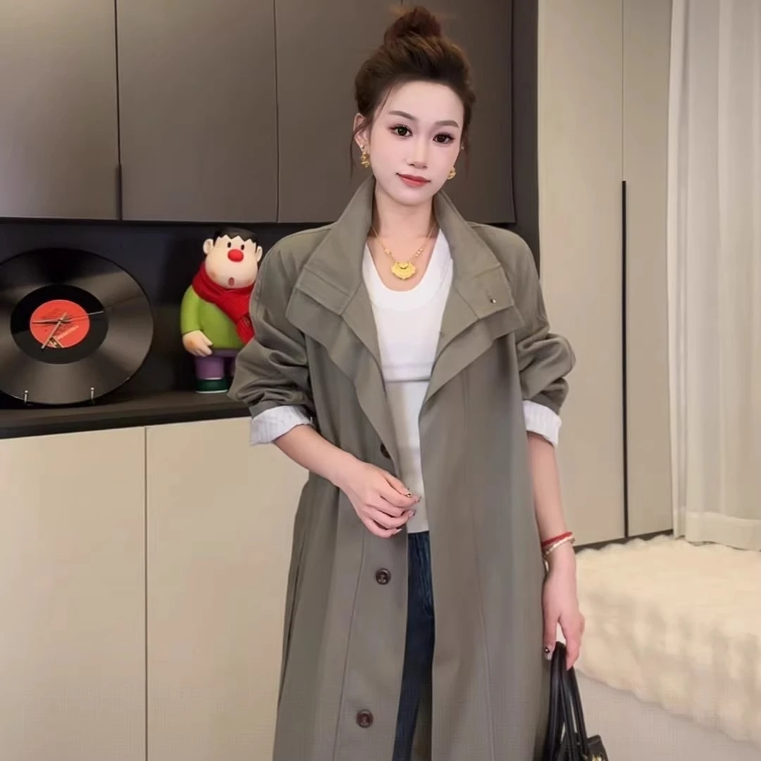 早秋氛围感时尚宽松长款风衣外套女休闲洋气收腰系带流行工装大衣