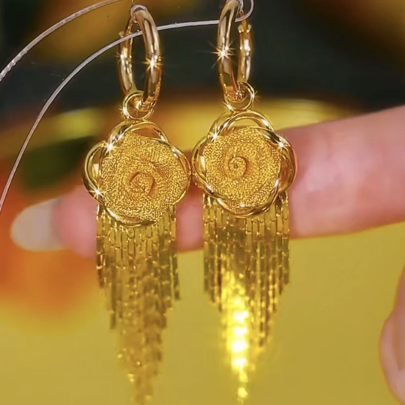 铜合金耳饰 2025新款玫瑰花花朵流苏耳环长款显脸瘦耳饰时尚百搭