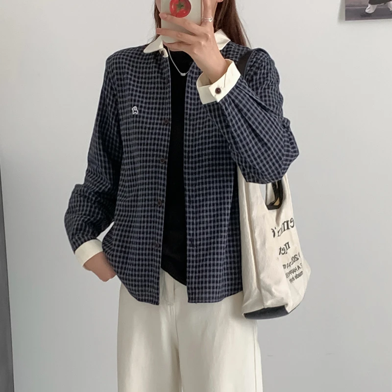 （衣兮复古小格子衬衫）2951秋冬款翻领撞色宽松显瘦百搭加绒衬衫H