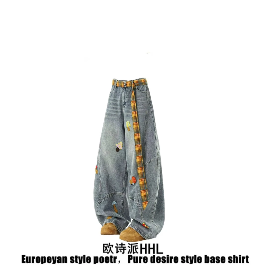 美式解构毛巾绣牛仔裤女秋季宽松水洗弯刀裤小众设计感阔腿裤子潮