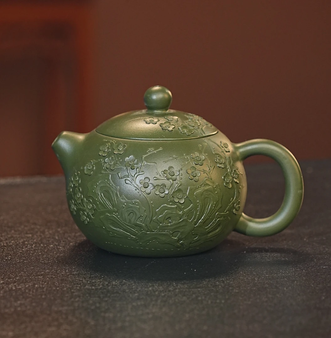 075陶瓷宜兴紫砂壶原矿绿泥堆绘梅花西施壶高档茶具礼品泡茶壶