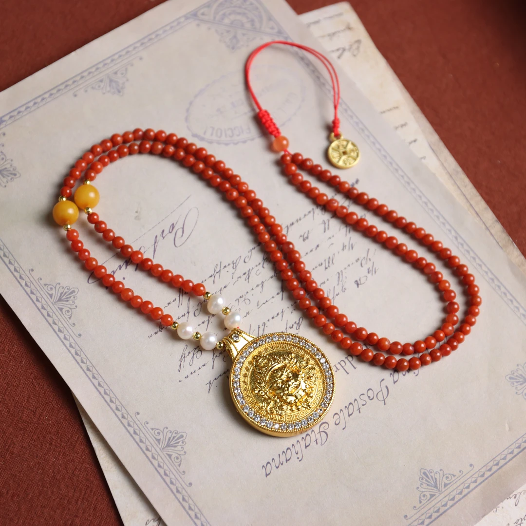 南红黄财神圆牌毛衣链