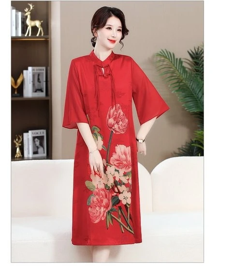 定位花款杭州订单印花国风贵妇（国色天香）妈妈装连衣裙富太太款