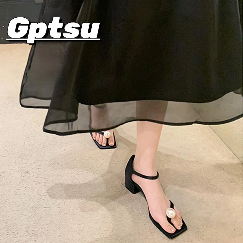 GPTSu小香风珍珠夹趾一字扣带凉鞋女夏季款简约仙女风粗跟高跟鞋