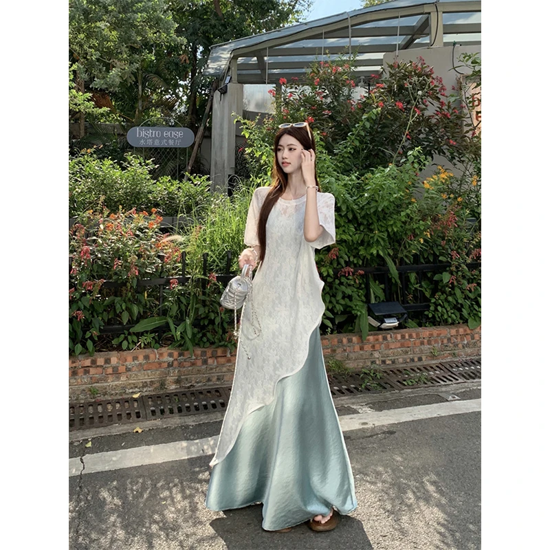 大码法式高级感遮肉两件套女夏胖mm缎面无袖a字连衣裙+蕾丝长裙子