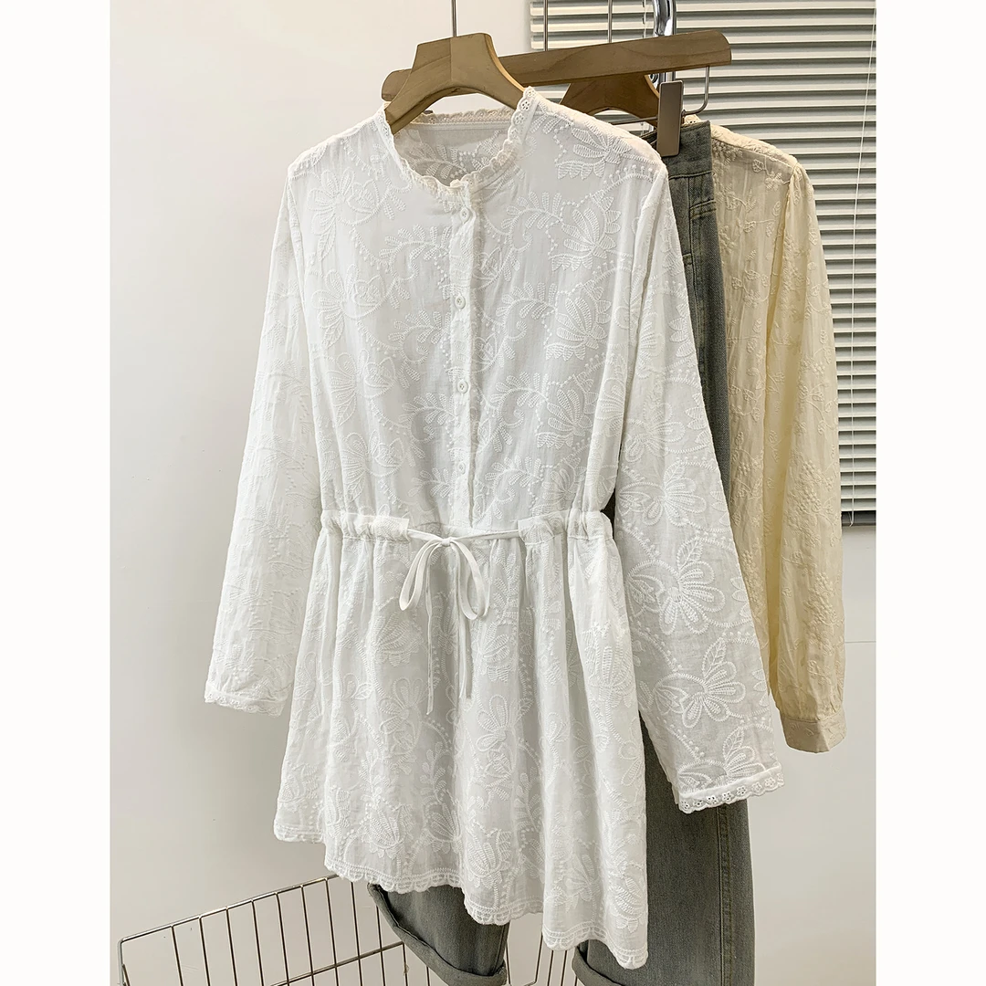 dyxz2098跨境女装大码宽松民族风刺绣衬衣休闲百搭收腰打底白衬衫