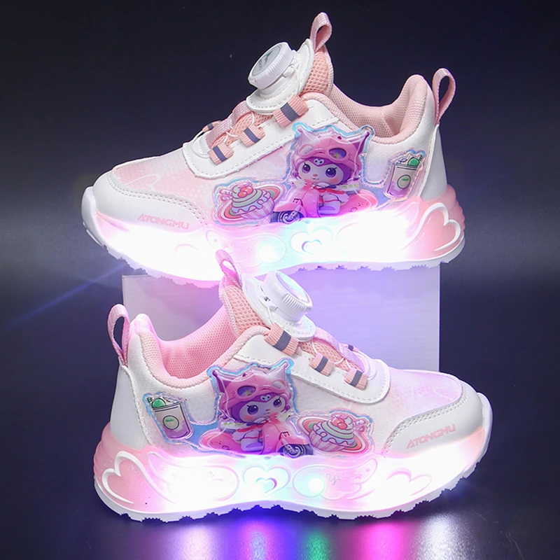 秋冬款女童儿童休闲跑步洋气带灯纽扣皮面运动鞋儿童鞋鞋子公主