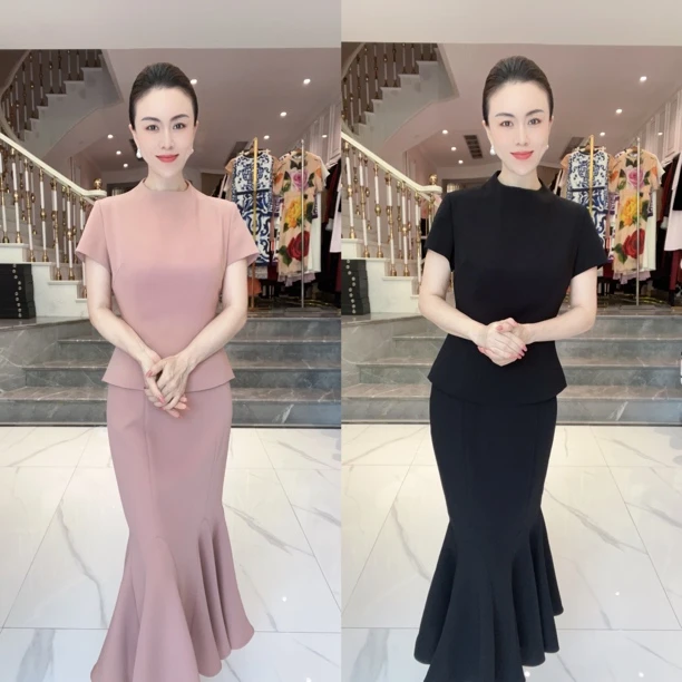 5985研家轻奢高级感气质立领收腰短袖上衣+醋酸鱼尾半裙套装