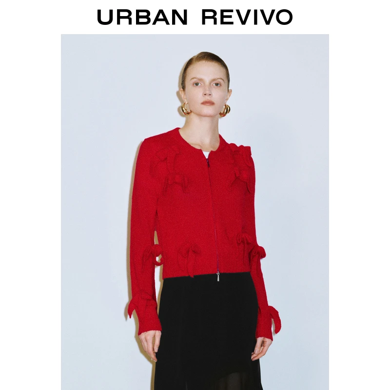 UR2025秋季新款女节日氛围蝴蝶结装饰拉链针织开衫UWG950092