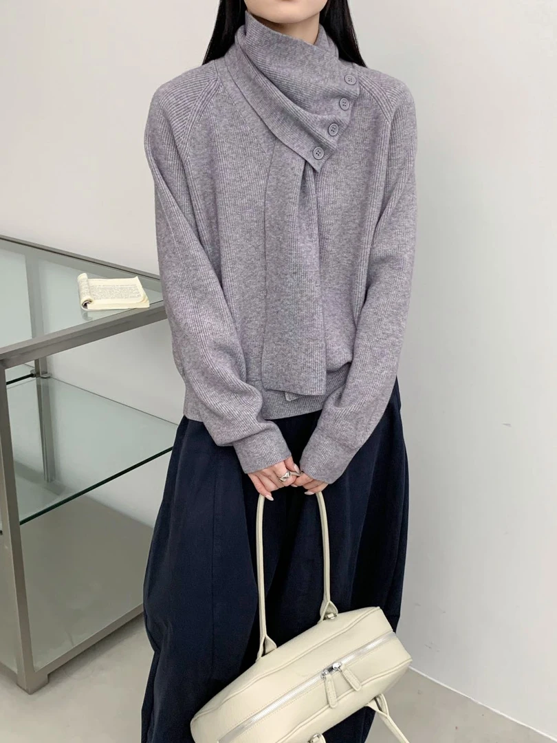 [亚米欣欣]韩系时尚套装v领围脖可拆卸秋冬女士针织外套软糯穿搭