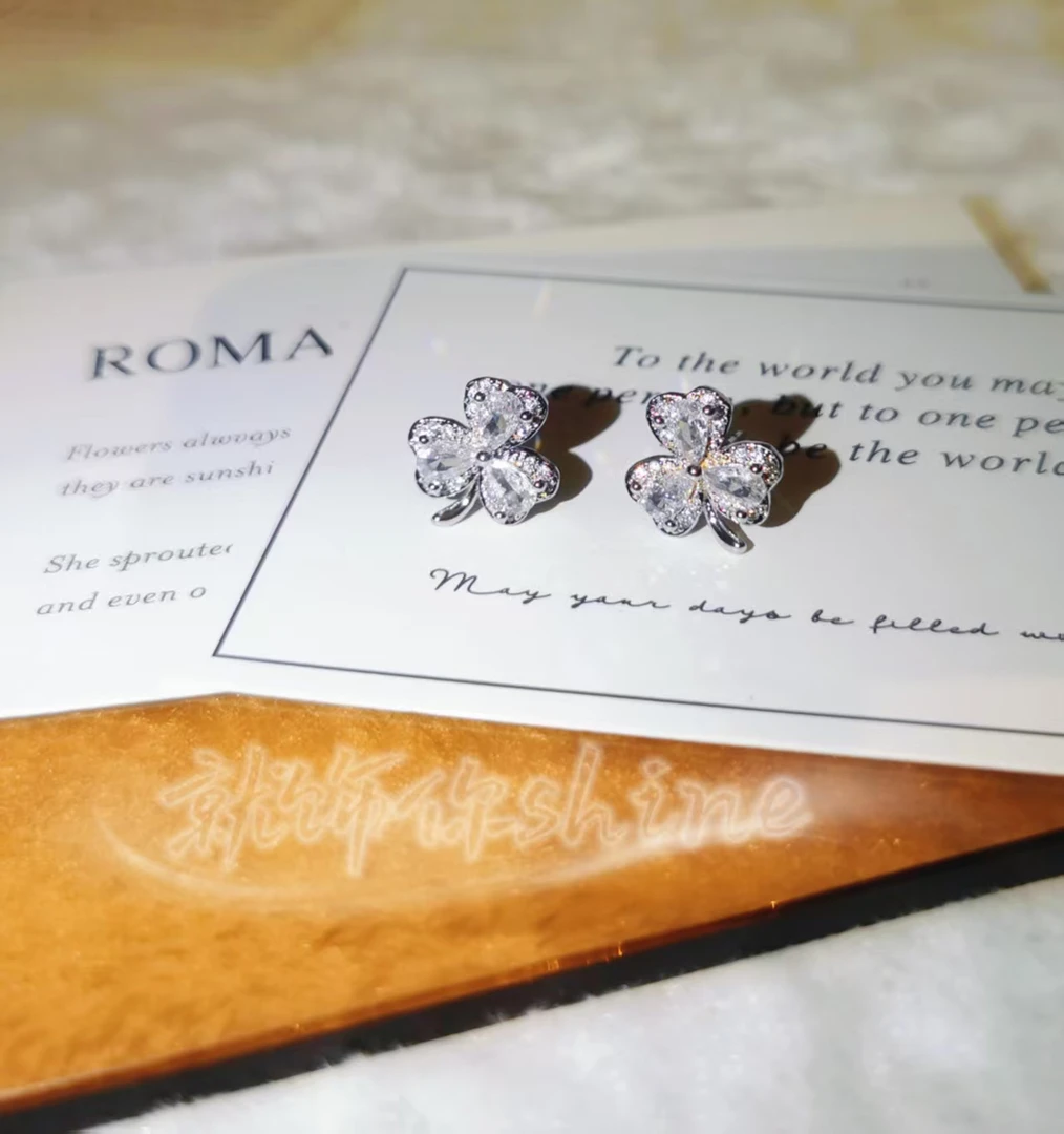 铜合金耳饰 韩式ins风三叶草满锆镀银耳钉