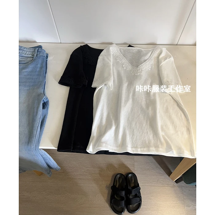 REKAYYAT”初心“韩系时尚百搭简约宽松V领蕾丝花边短袖T恤