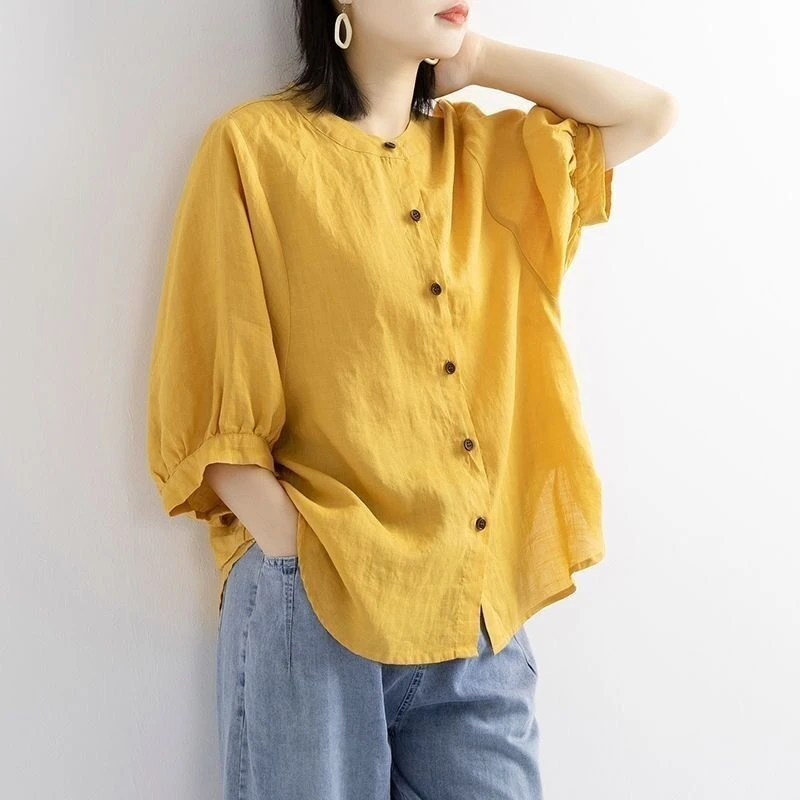 大码衬衣女夏季棉麻衬衫女装灯笼袖宽松连衣裙韩版慵懒风