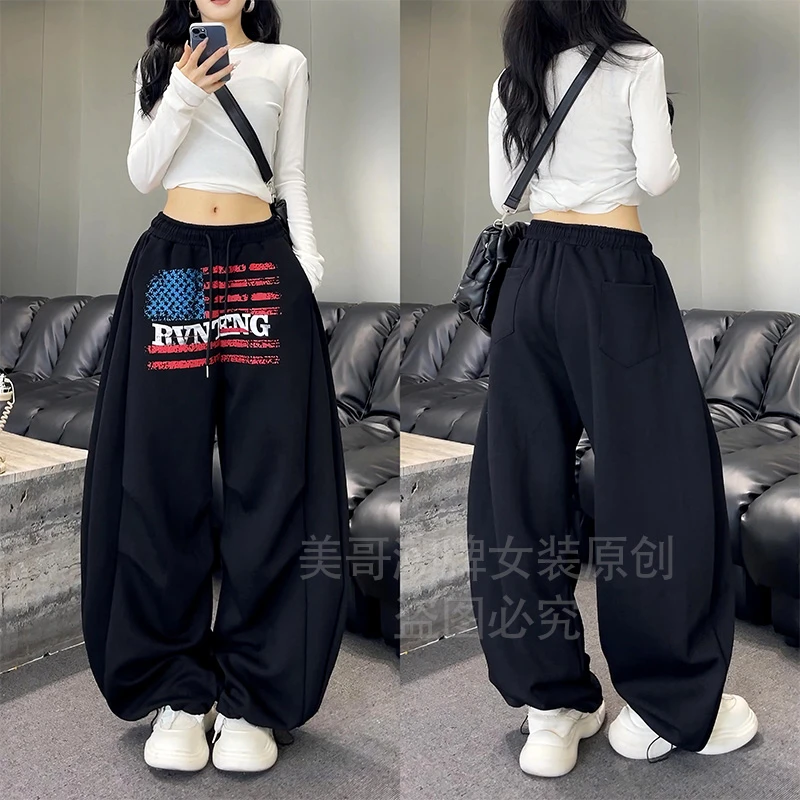 66533美式运动裤女2025年秋装新款高品质宽松显瘦印花卫裤女长裤
