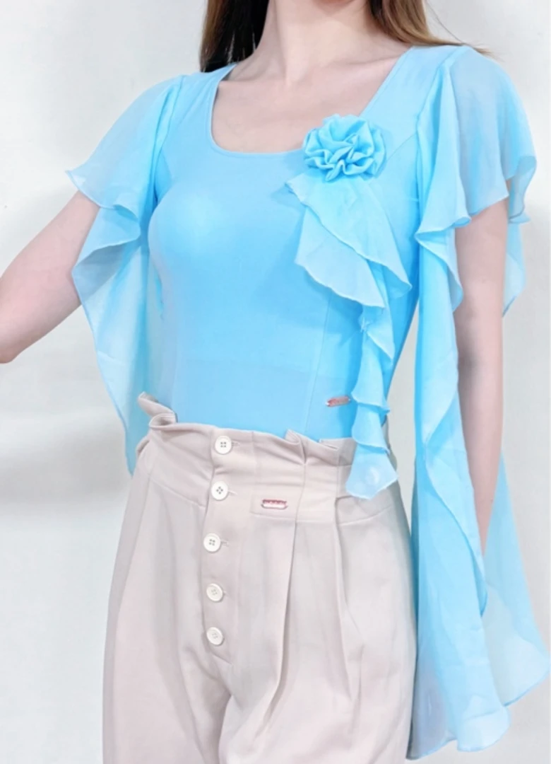 匠心J15女士摩登舞服-天蓝色短款荷叶边时尚百搭设计感