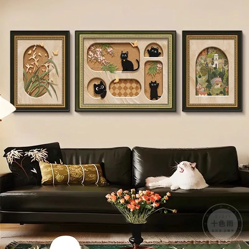 中古风客厅装饰画美式卡通猫咪沙发背景墙挂画法式复古三联833