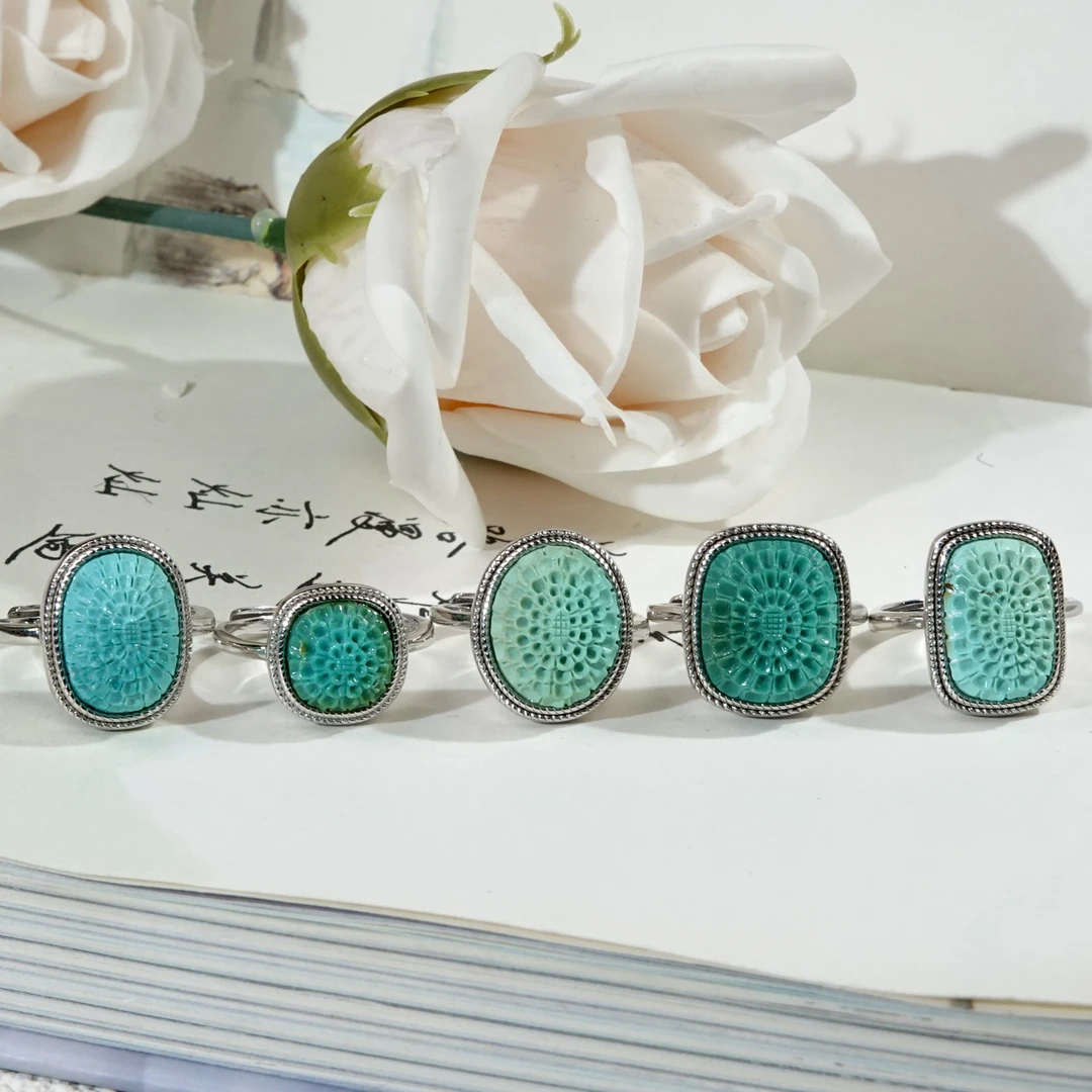 原矿湖北绿松石银镶时尚经典个性百搭格桑花戒指