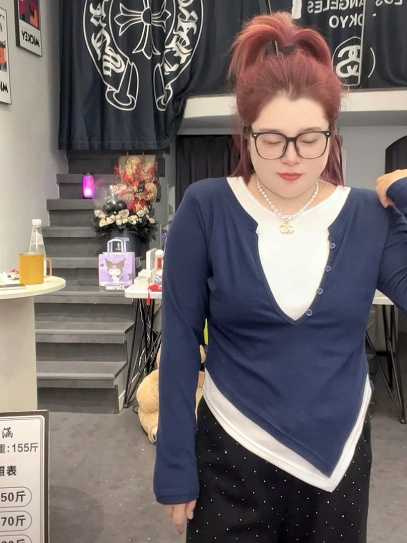 涵涵家~纯欲修身显瘦假两件长袖t恤打底衫女#987569