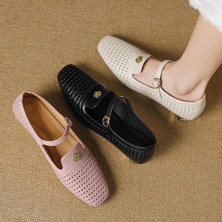 里外纯皮～牛皮3cm方头法式百搭玛丽珍时尚镂空时装女凉鞋气质粗跟