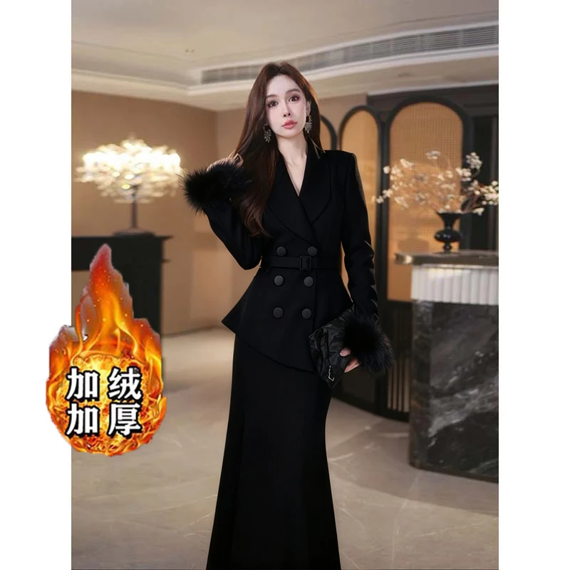 【加绒加厚】【两件套】【送腰带】西装外套显瘦半身裙D4050