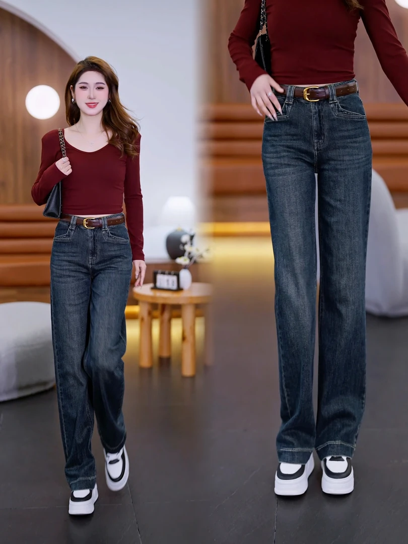 高腰显瘦阔腿牛仔裤女2025春秋新款时尚休闲百搭复古窄版直筒裤子