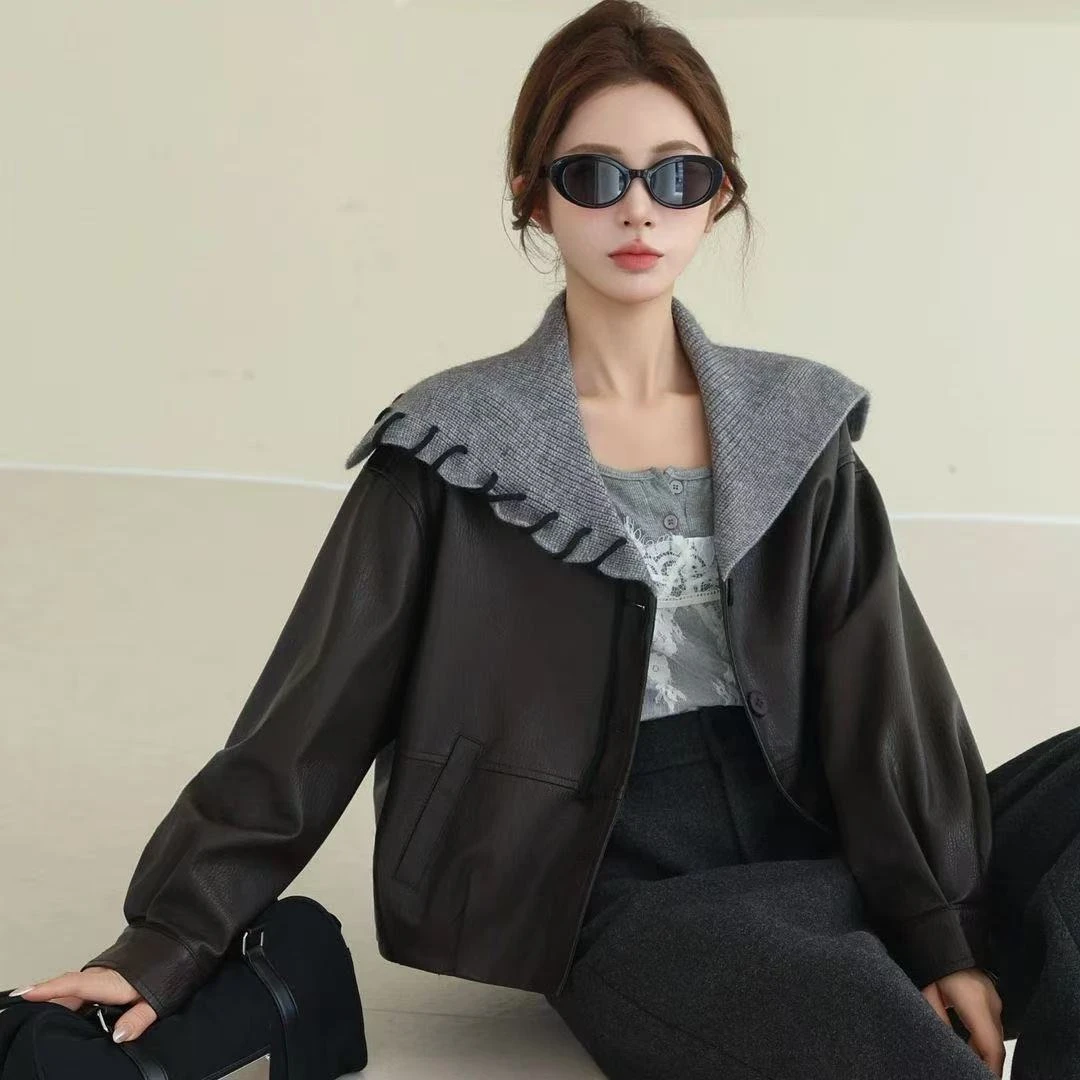 桔妍兮长袖皮衣连帽短款时尚百搭女士秋冬海军领显瘦皮夹克卫衣