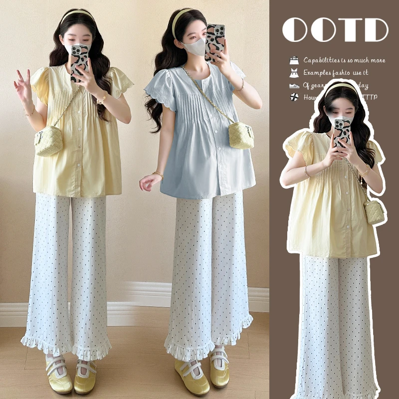 孕妇装夏装孕妇装女2025新款打揽刺绣花瓣袖托腹波点裤子夏季套装