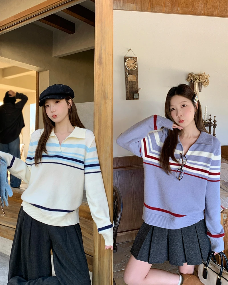 长2025秋冬款大码韩系胖mm撞色polo领条纹毛衣女宽松针织衫69397